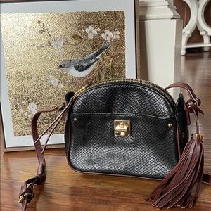 Isaac Mizrahi Genuine Leather Black and Brown Snake Embossed Crossbody Bag- EUC!